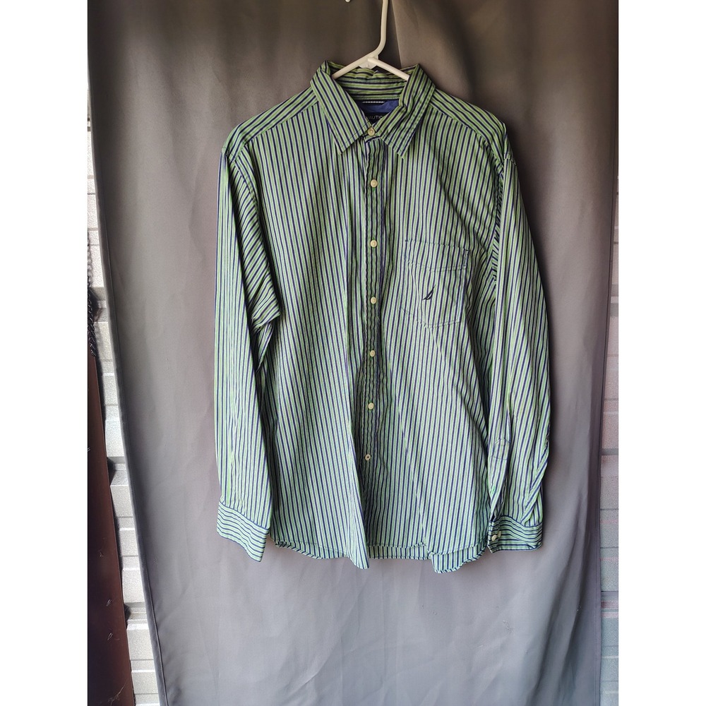Nautica Mens Green Blue Striped Long Sleeve Button Down Shirt Size L Cotton